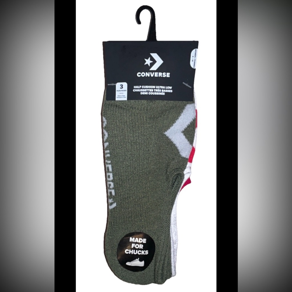 Converse Half Cushion Ultra Low Socks 3 Pair Women 4-10 Green Red wLogo 4 Chucks